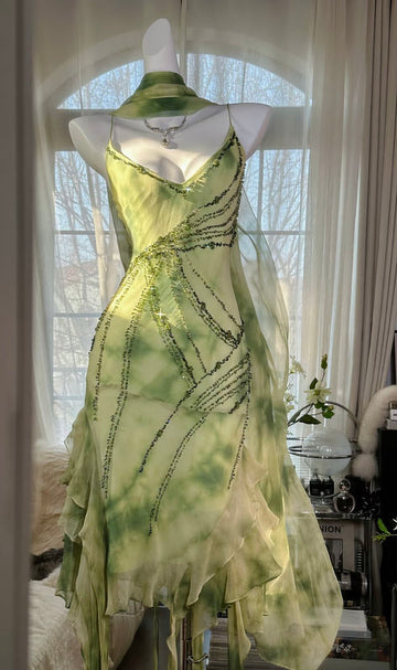 Green A Line Spaghetti Strap Beaded Ruffle Chiffon Short Party Dress Prom Dress HZ1023